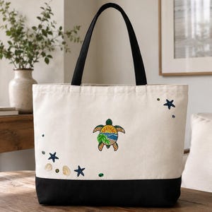 fourre-tout brodé tortue de mer avec de vrais coquillages et étoiles de mer | en toile pour plage côtière | Porte-monnaie fait main inspiré de l'océan
