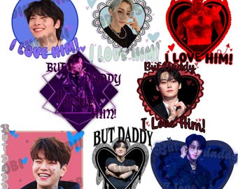 May include: A collage of digital stickers featuring different men with the text "But Daddy I Love Him!" in a variety of colors and fonts.