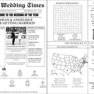 May include: A wedding newspaper-style invitation with the headline "The Wedding Times" and the names "Jawan & Angelique." The invitation includes details about the wedding party, important people, and a word search. The date is September 26, 2025.