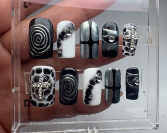 Handmade Black & White Short Square Press On Nails with Silver Chrome Charms