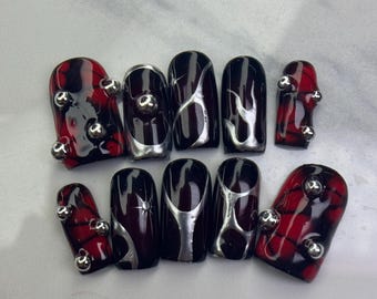 Handmade Black & Red Press On Nails: Silver Chrome Short Square