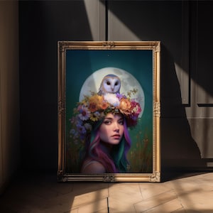 Boho Moon Goddess Print Bohemian Moon Magic Print Ethereal Owl & Flower Maiden Feminine Mystique Wall Art Divine Feminine Decor