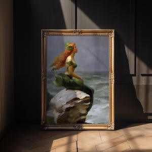 Impression d&#39;art sirène vintage fantaisie sirène sur rochers peinture à l&#39;huile impression plage côtière art mythique