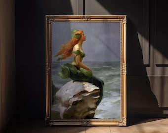 Mermaid Art Print Vintage Fantasy Mermaid on Rocks Oil Painting Coastal Beach Print Mythical Art
