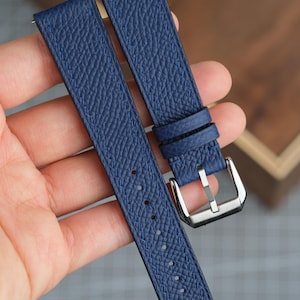 Handgjort marinblått klockarmband i Epsom-läder: Anpassade storlekar 24 mm, 22 mm, 20 mm, 19 mm, 18 mm och personalisering