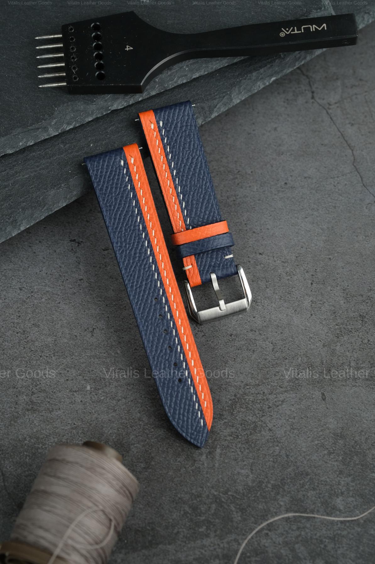 Handmade Epsom Leather Watch Strap: Orange & Navy - wrist band watch 18mm