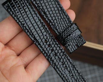 Handmade Polished Black Lizard Leather Watch Strap - Custom Watch Size 22mm, 20mm, 18mm