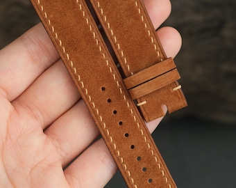 Correa de reloj de ante marrón oscuro hecha a mano: Correa de cuero personalizada, correas de reloj de 20 mm