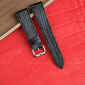 Bracelet de montre en cuir de lézard noir poli fait main - Taille de montre personnalisée 22 mm, 20 mm, 18 mm