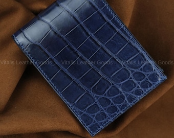 Handmade Navy Alligator Bifold Wallet: Luxury Leather, Personalization Option