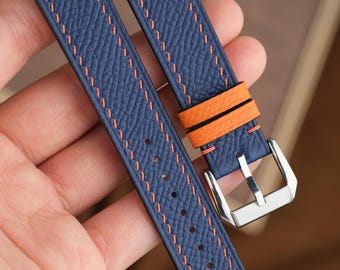 Handgefertigtes Epsom Lederarmband Blau & Orange Stitch, kundenspezifische Größen 18 mm, 20 mm, 22 mm