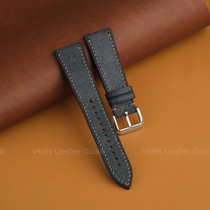 Handmade Black Babele Leather Watch Strap - Customizable Sizes 24mm, 23mm, 21mm, 20mm, 19mm, 18mm