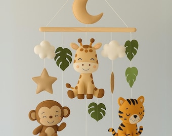 Safari Baby Mobile, Jungle Themed Baby Mobile, Safari Nursery Decor, Giraffe, Monkey, Tiger, Safari Crib Mobile, Safari Cot Mobile, Handmade