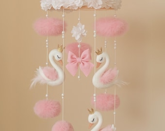 Swan Baby Mobile, Swan Baby Shower, Baby Girl Nursery, Girl Crib Mobile, Mobile Hang, Baby Girl Room Decor, Baby Girl Gift, Felt Baby Mobile