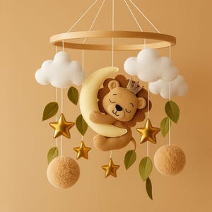 Móvil de león para bebé, móvil de animales de safari, decoración de habitación infantil con león, baby shower de león, móvil de madera para cuna, juguetes colgantes para cuna, móvil de cuna con música