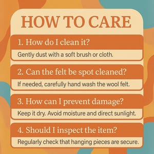 May include: An orange and cream-coloured graphic with the text "HOW TO CARE" at the top. Below, four numbered care instructions are listed, including cleaning, spot cleaning, damage prevention, and inspection. The Baby Malyon logo is in the bottom right corner.