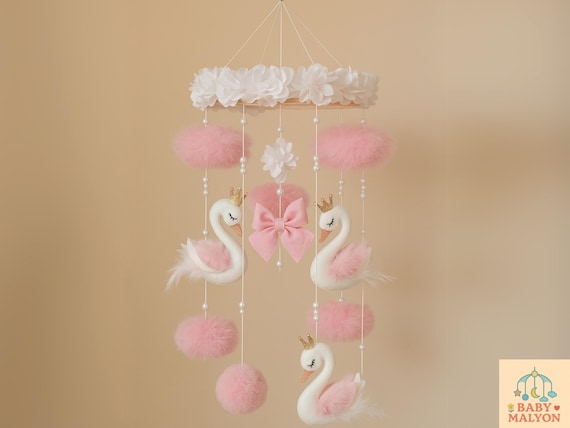 Swan Baby Mobile, Swan Baby Shower, Baby Girl Nursery, Girl Crib Mobile, Mobile Hang, Baby Girl Room Decor, Baby Girl Gift, Felt Baby Mobile