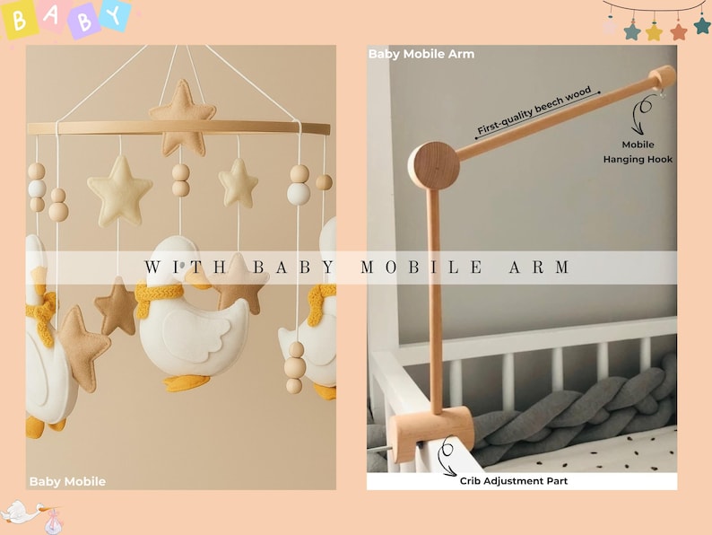 Op de afbeelding: Een baby mobile en mobiele arm set. De mobiel heeft beige sterren, houten kralen en witte eendenfiguren met gele accenten. De mobiele arm is gemaakt van beukenhout en bevat een wiegverstelstuk.