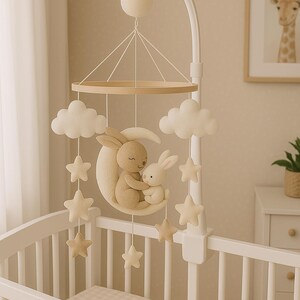 May include: A nursery mobile with a wooden ring, felt clouds, stars, and a crescent moon with two plush bunnies. The mobile hangs from a white arched arm attached to the cot. The cot has a white frame and a beige blanket.