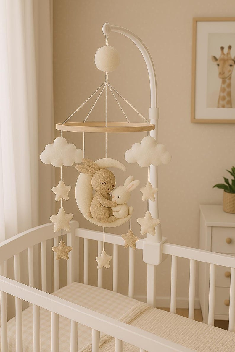 May include: A nursery mobile with a wooden ring, felt clouds, stars, and a crescent moon with two plush bunnies. The mobile hangs from a white arched arm attached to the cot. The cot has a white frame and a beige blanket.
