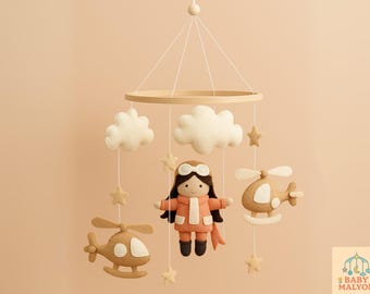 Handgemaakte vlieger baby mobiel, helikopter baby mobiel, decor parachute kwekerij, decor van de kwekerij van het thema hemel, luchtvaart mobiel, kwekerij mobiel