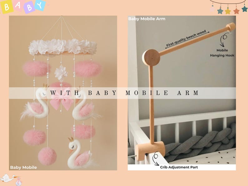 Op de afbeelding: Een baby mobile met een zwanenthema, met witte zwanen met roze accenten, roze pompons en een witte bloemenkrans. De mobiel hangt aan een houten frame. Een aparte houten mobiele arm is ook afgebeeld.