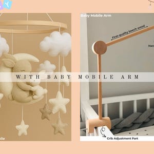 May include: A baby mobile featuring a moon, stars, clouds, and bunny figures. The mobile hangs from a wooden ring. The image also shows a wooden baby mobile arm with a hanging hook and crib adjustment part.