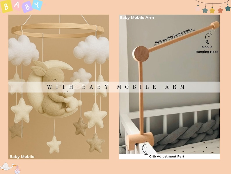 May include: A baby mobile featuring a moon, stars, clouds, and bunny figures. The mobile hangs from a wooden ring. The image also shows a wooden baby mobile arm with a hanging hook and crib adjustment part.