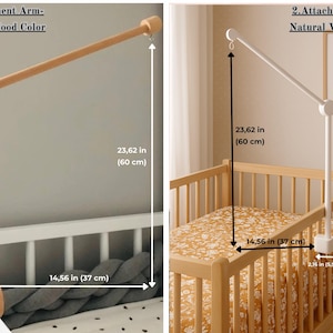 May include: Baby mobile arm in natural wood and white colours. The arm is 60 cm tall and extends 37 cm. The arm is 5.5 cm wide. The text says "Attachment Arm".