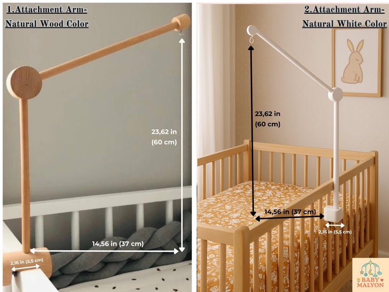 May include: Baby mobile arm in natural wood and white colours. The arm is 60 cm tall and extends 37 cm. The arm is 5.5 cm wide. The text says "Attachment Arm".