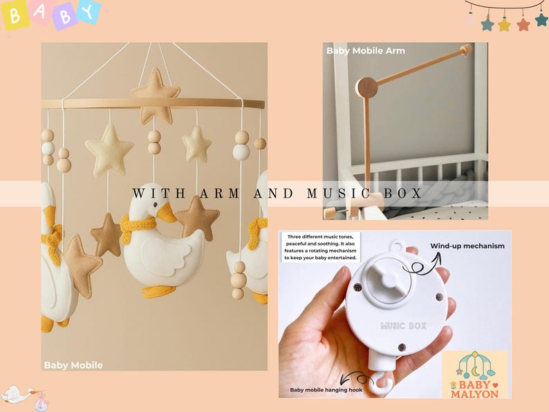 Op de afbeelding: Een baby mobile met een houten frame, met hangende sterren, houten kralen en witte eendenfiguren met gele accenten. Inclusief een baby mobile arm en een opwindbare muziekdoos. De tekst "WITH ARM AND MUSIC BOX" is zichtbaar.