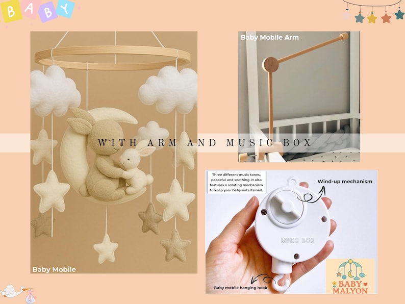 May include: A baby mobile with a beige bunny and a smaller bunny hugging on a crescent moon, with star and cloud accents. Includes a wooden arm and music box. The text "WITH ARM AND MUSIC BOX" is visible.