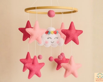 Baby Girl Mobile, Ceiling Mobile, Stars Mobile, Handmade Mobile, Pink Mobile, Baby Girl Nursery Decor, Felt Mobile, Baby Shower Gift