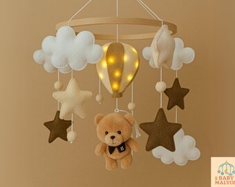 Lighted Bear Mobile, Teddy Bear Baby Mobile, Teddy Bear Nursery Decor, Cloud Baby Mobile, Hot Air Balloons Mobile, Baby Shower Gift