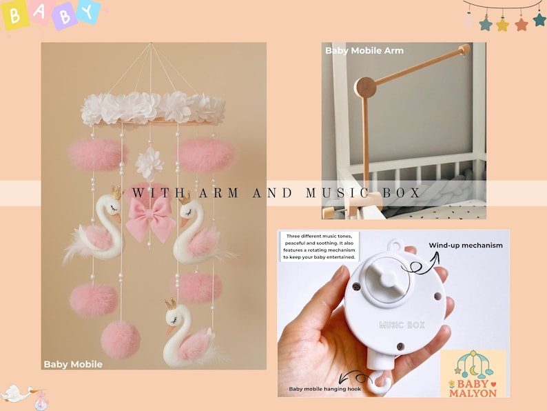 Op de afbeelding: Een baby mobile met een zwanenthema, met witte zwanen met roze accenten, roze pompons en een witte bloemen top. De mobiel bevat een muziekdoos en arm voor eenvoudige installatie. De tekst "WITH ARM AND MUSIC BOX" is zichtbaar.