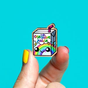 Rainbow Juice Box Pin or Magnet, Cherry Wood Illustration, Artist Gift