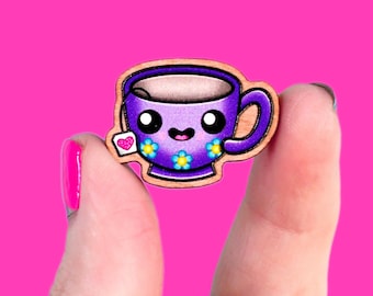 Cherry Wood Teacup Pin or Magnet, Cottagecore Tea Accessory, Kawaii Illustration