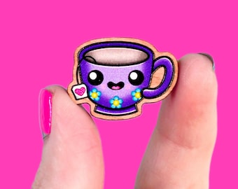 happy tiny teacup pin or magnet / cute kawaii tea lover gift