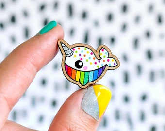 itty bitty confetti rainbow sprinkles narwhal pin or magnet