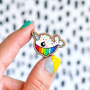 itty bitty confetti rainbow sprinkles narwhal pin or magnet image 1