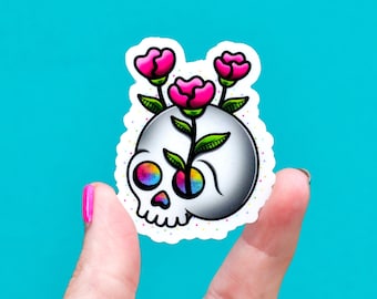 Floral Skull Sticker, Pastel Goth Vinyl Decal, Waterproof Laptop Sticker