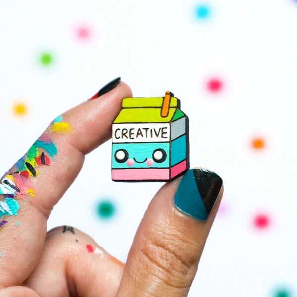 creative juice pin, magnet, hand painted, laser cut wood, flair, lapel pin, rubber back, gift for maker, painter, creative, kawaii pin