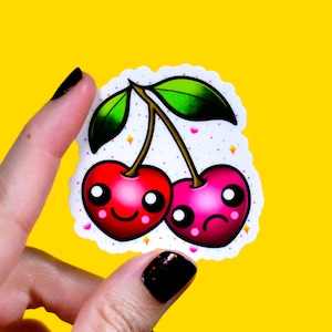 Pegatina de vinilo de cereza feliz y triste / cerezas con sentimientos encontrados
