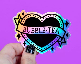 bubble tea heart / rainbow holographic vinyl sticker