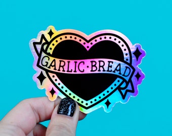 garlic bread heart / rainbow holographic vinyl sticker
