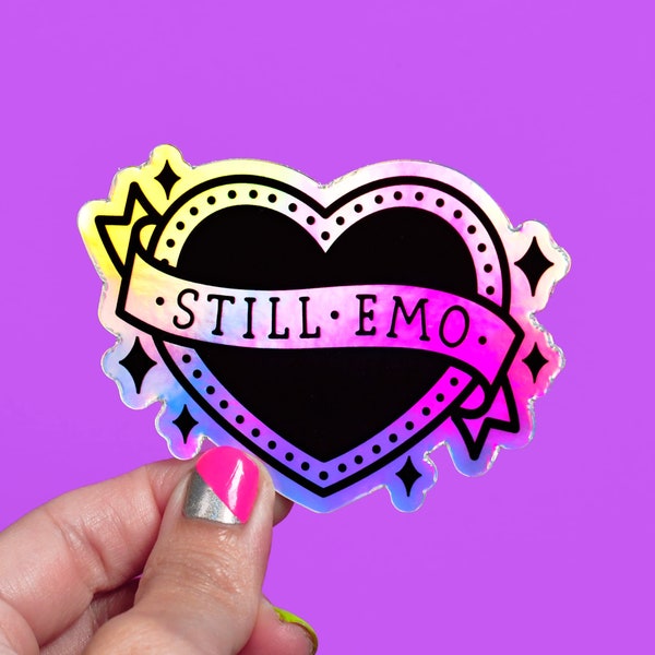 Still Emo Holographic Heart Sticker, Rainbow Vinyl Decal (3"x2.24")