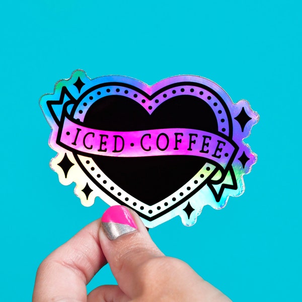 iced coffee heart / rainbow holographic vinyl sticker