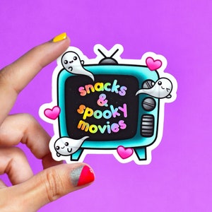 snacks and spooky movies retro tv sticker / halloween ghosts cute