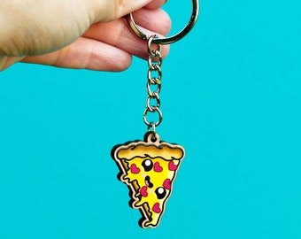 love at first slice / happy heart pizza / kawaii wooden keychain