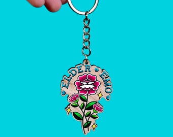 elder emo rose wooden keychain